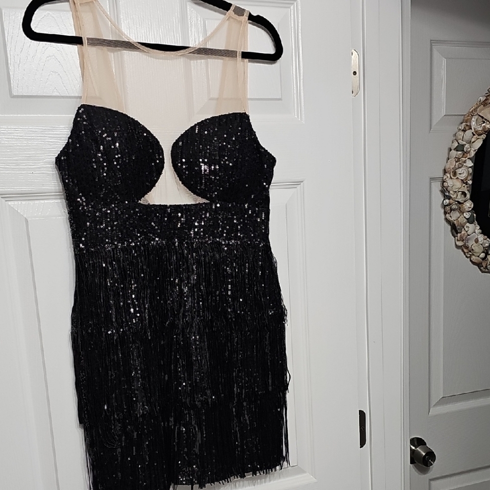 Main Strip Black and Cream Strapless Sequin Dress